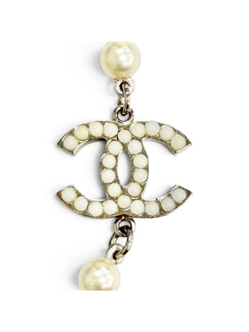 Chanel CC Logo Long Pearl Necklace White Silver